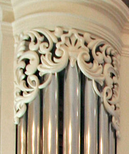 Decorative wood carving for pipe shades of the organ at Princeton Theological Seminary, NJ